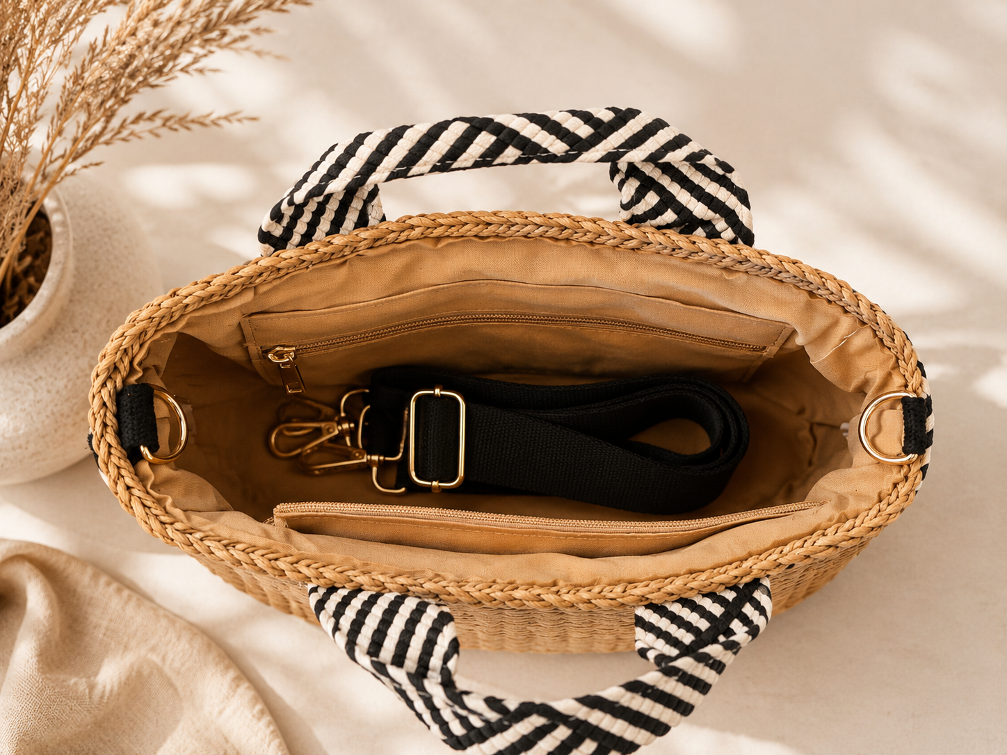 Bolso rafia y tela pequeño
