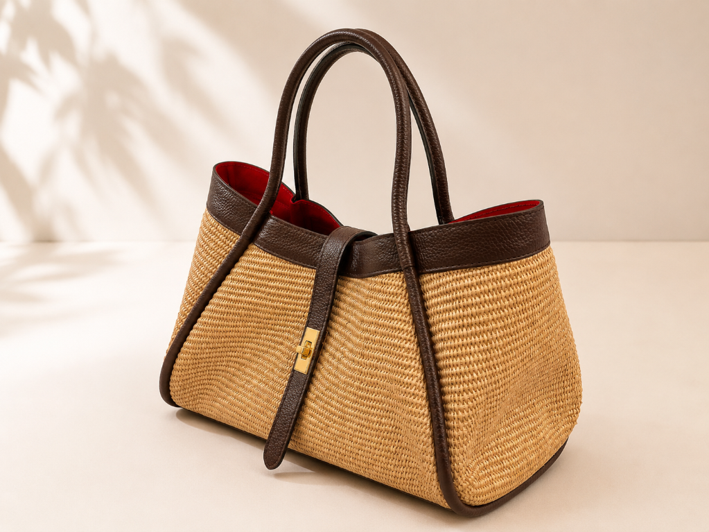 Bolso piel y rafia grande